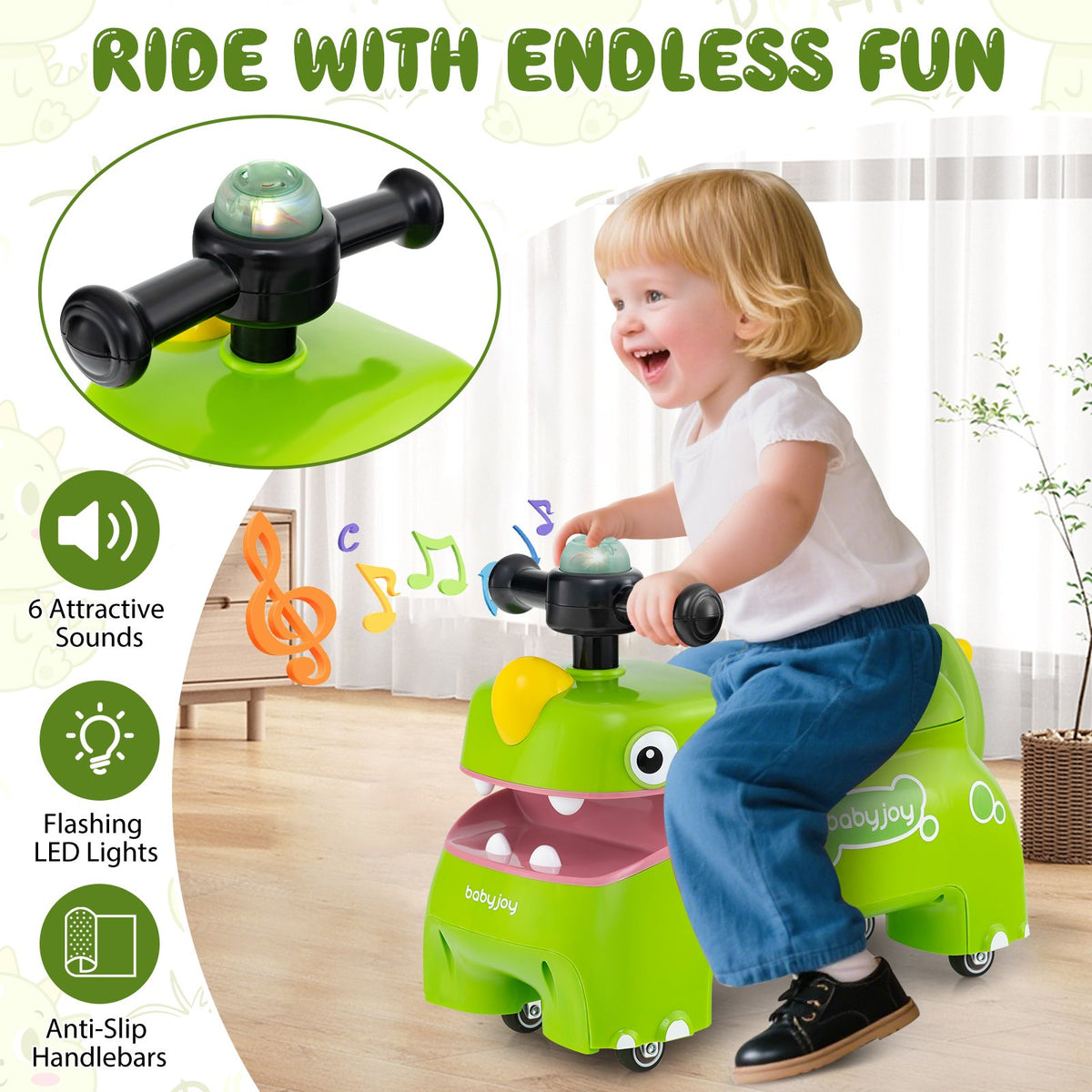 Toddler Ride on Toy Walking Sliding Car with Lights and Music-Green view 8