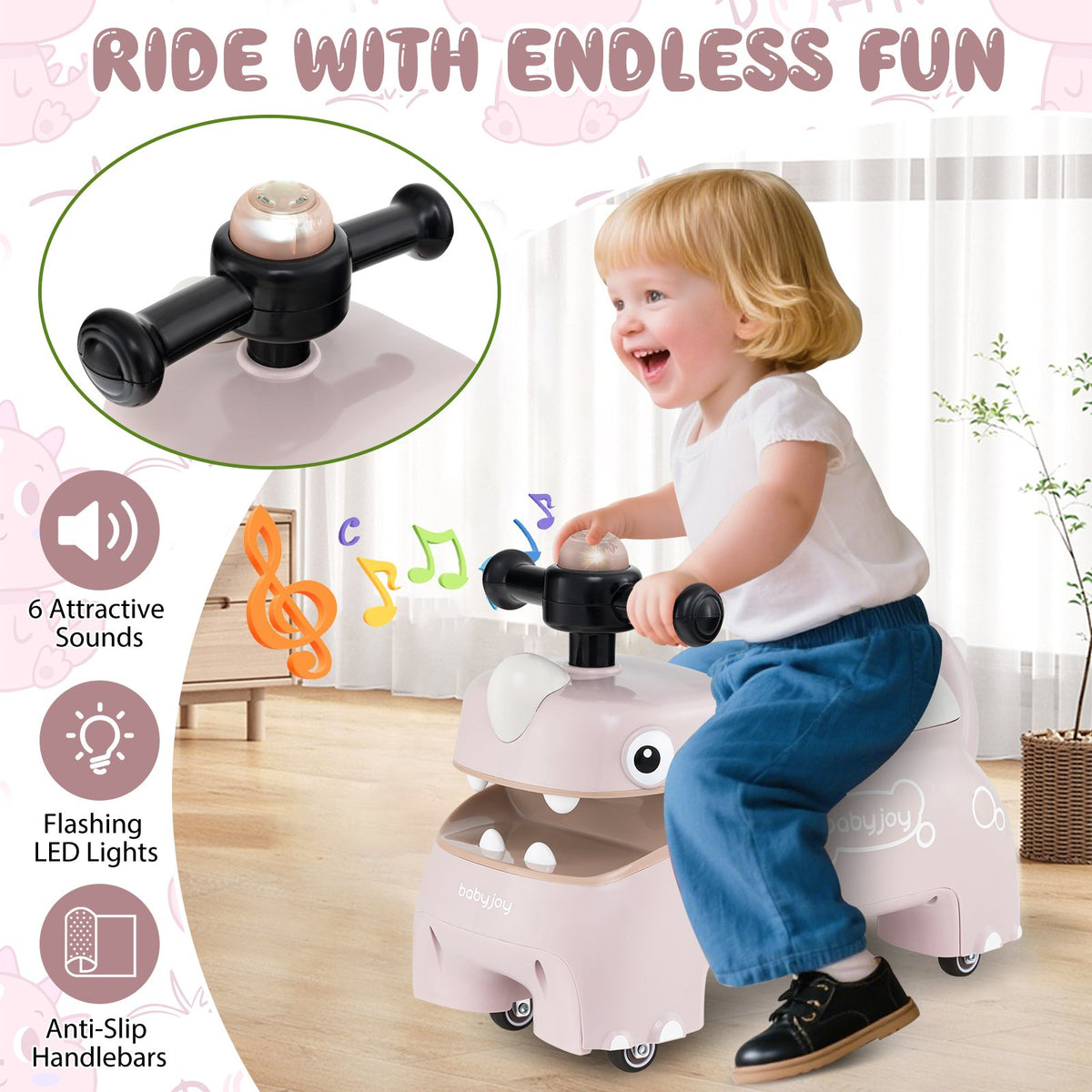Toddler Ride on Toy Walking Sliding Car with Lights and Music-Pink view 6
