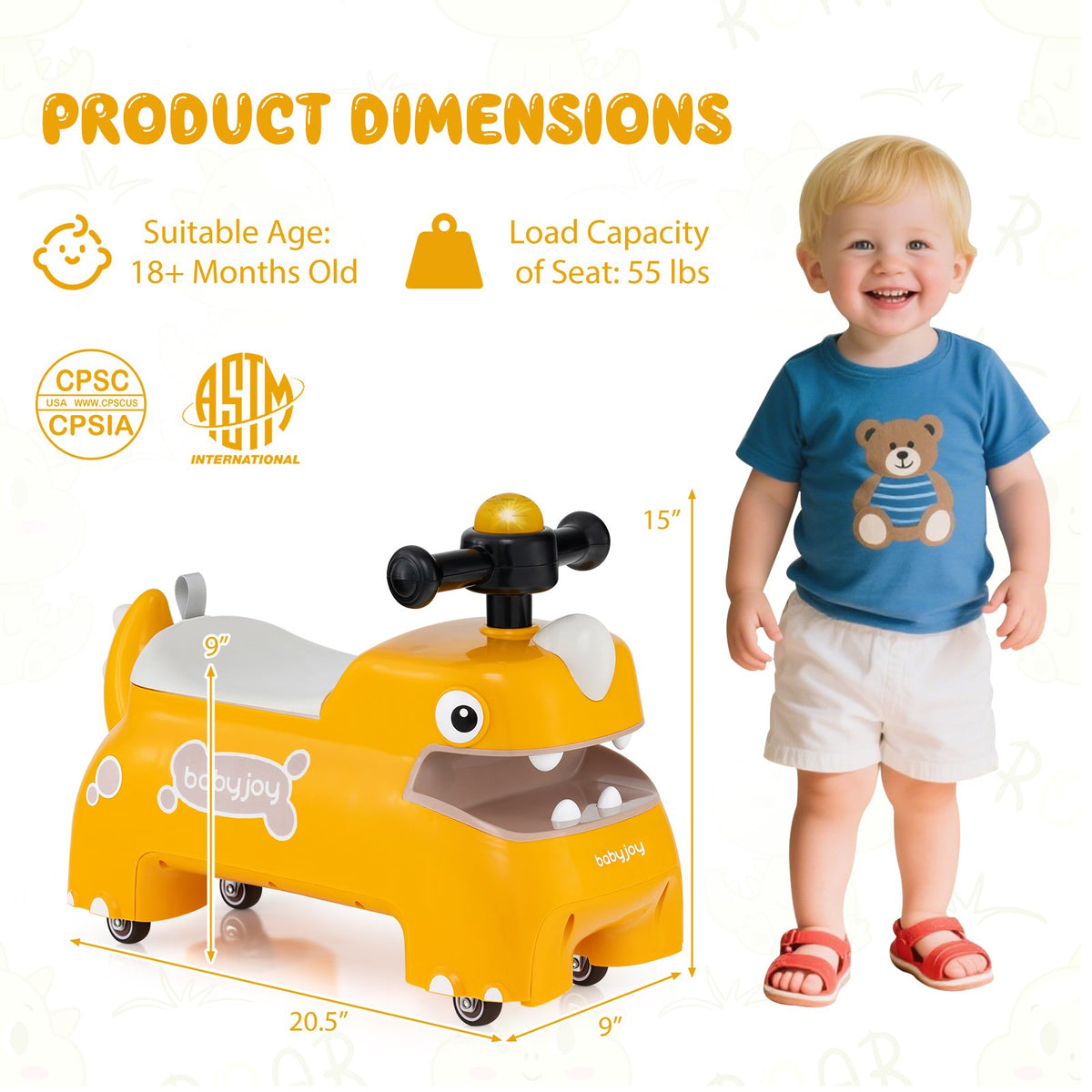 Toddler Ride on Toy Walking Sliding Car with Lights and Music-Yellow view 4