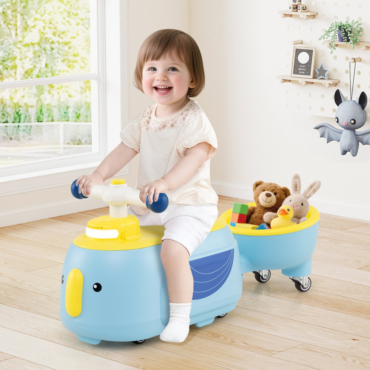 Toddler Ride on Toy with Trailer and Light Music-Blue view 3