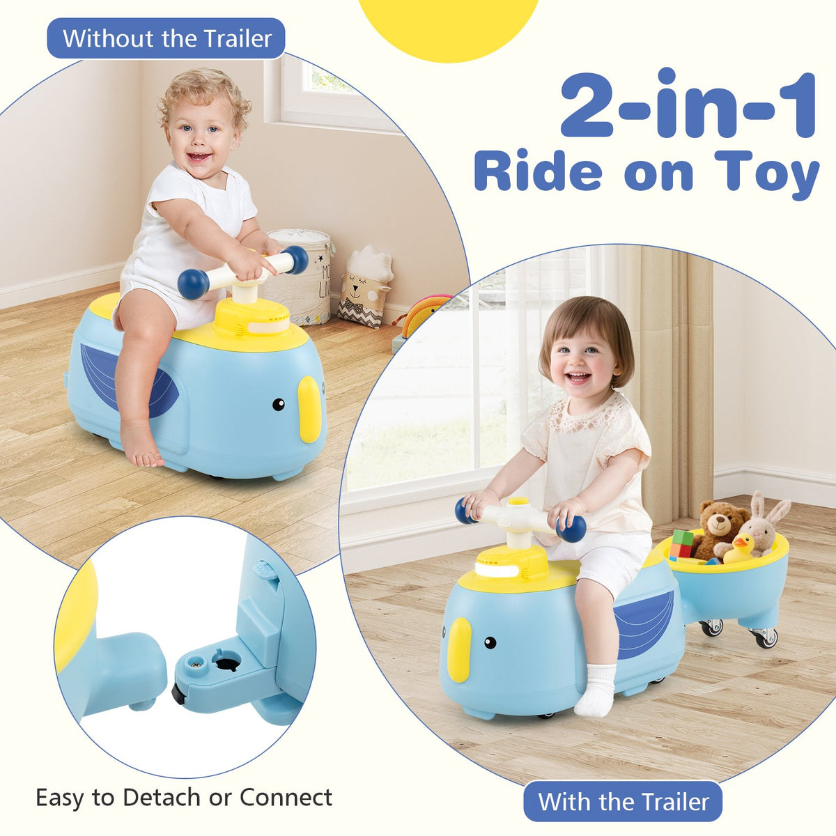 Toddler Ride on Toy with Trailer and Light Music-Blue view 7