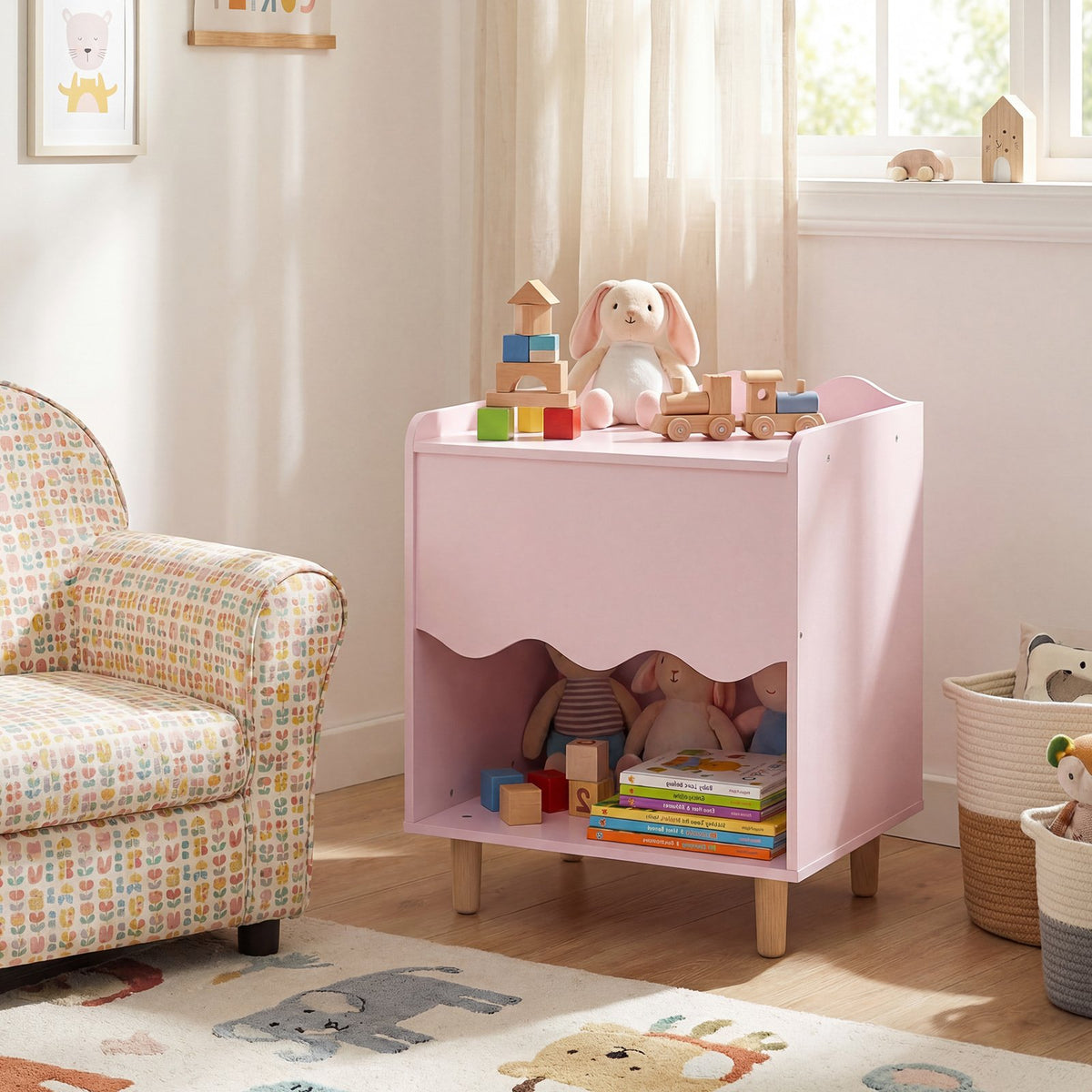 Toddler Scalloped Side Table with Wide Top & Open Compartment-Pink view 3