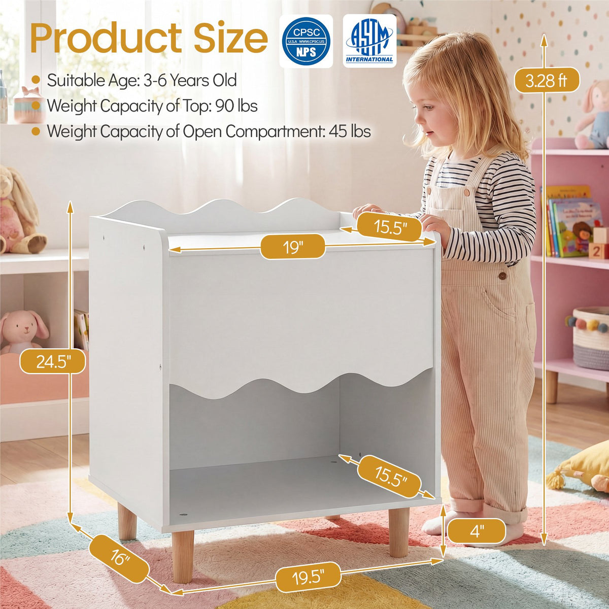 Toddler Scalloped Side Table with Wide Top & Open Compartment-White view 4