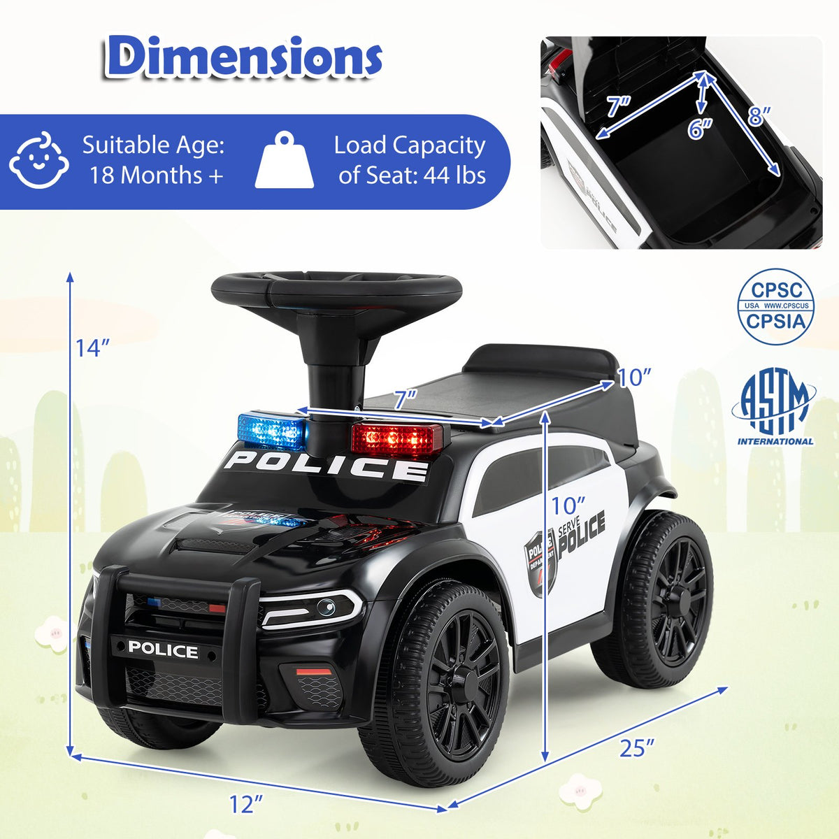 Toddler Sliding Car with Steering Wheel and Under-Seat Storage Push-Black view 4