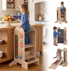 Toddler Standing Tower Kids Step Stool with Adjustable Height Chalkboard and Slide view 2