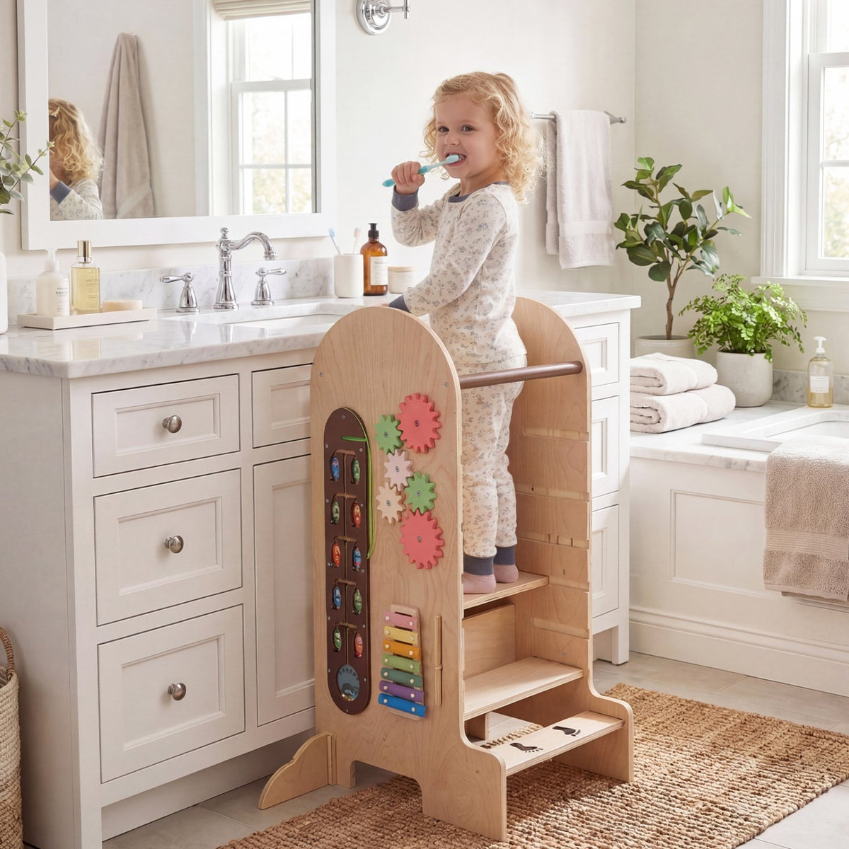 Toddler Standing Tower Kids Step Stool with Adjustable Height Chalkboard and Slide view 5