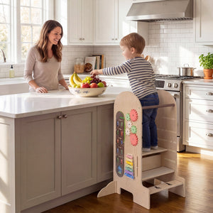 Toddler Standing Tower Kids Step Stool with Adjustable Height Chalkboard and Slide view 6