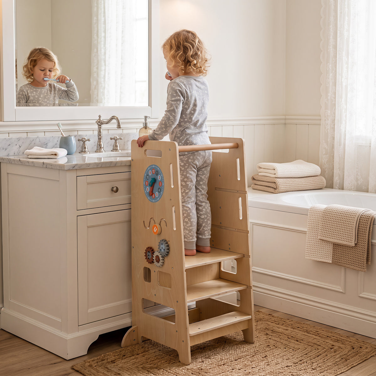 Toddler Standing Tower with Adjustable Height and Blackboard-Natural view 2