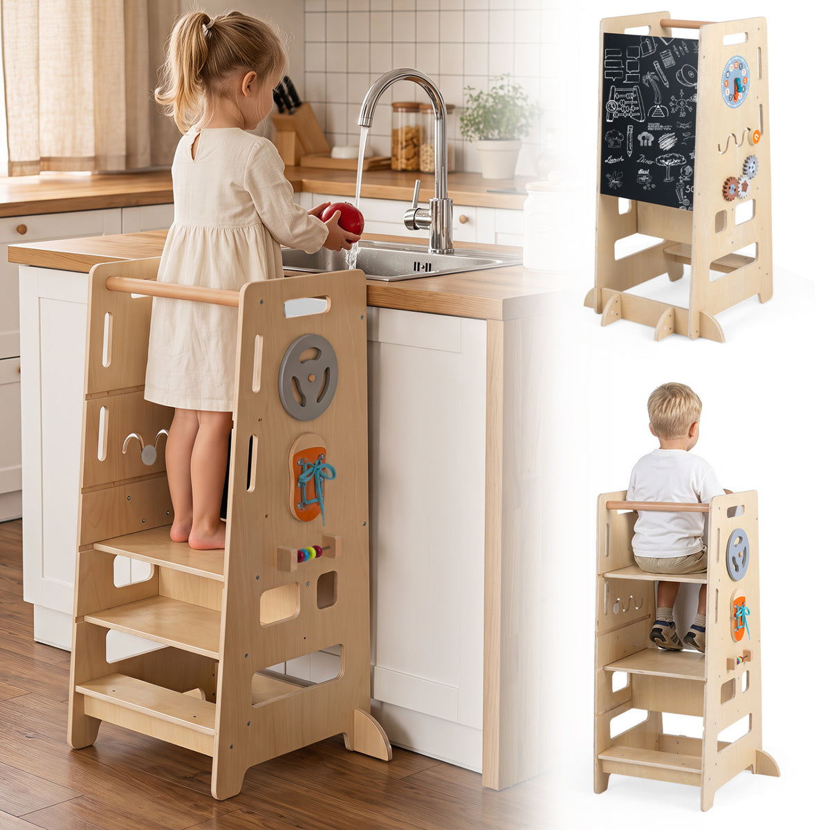 Toddler Standing Tower with Adjustable Height and Blackboard-Natural view 3