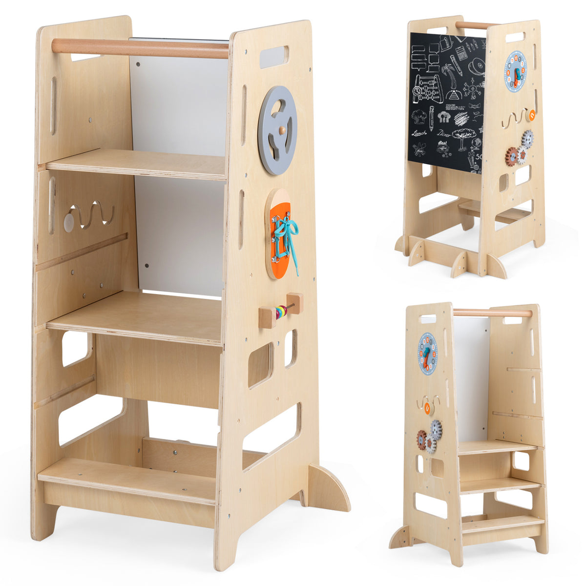 Toddler Standing Tower with Adjustable Height and Blackboard-Natural view 4