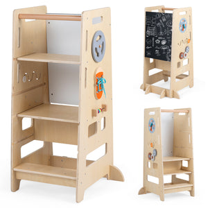 Toddler Standing Tower with Adjustable Height and Blackboard-Natural view 4