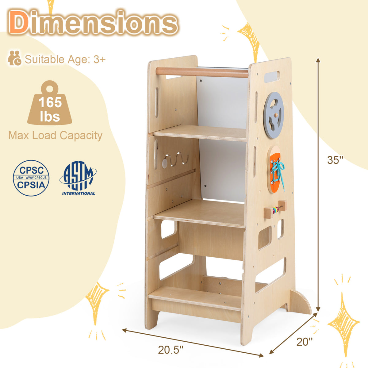 Toddler Standing Tower with Adjustable Height and Blackboard-Natural view 5
