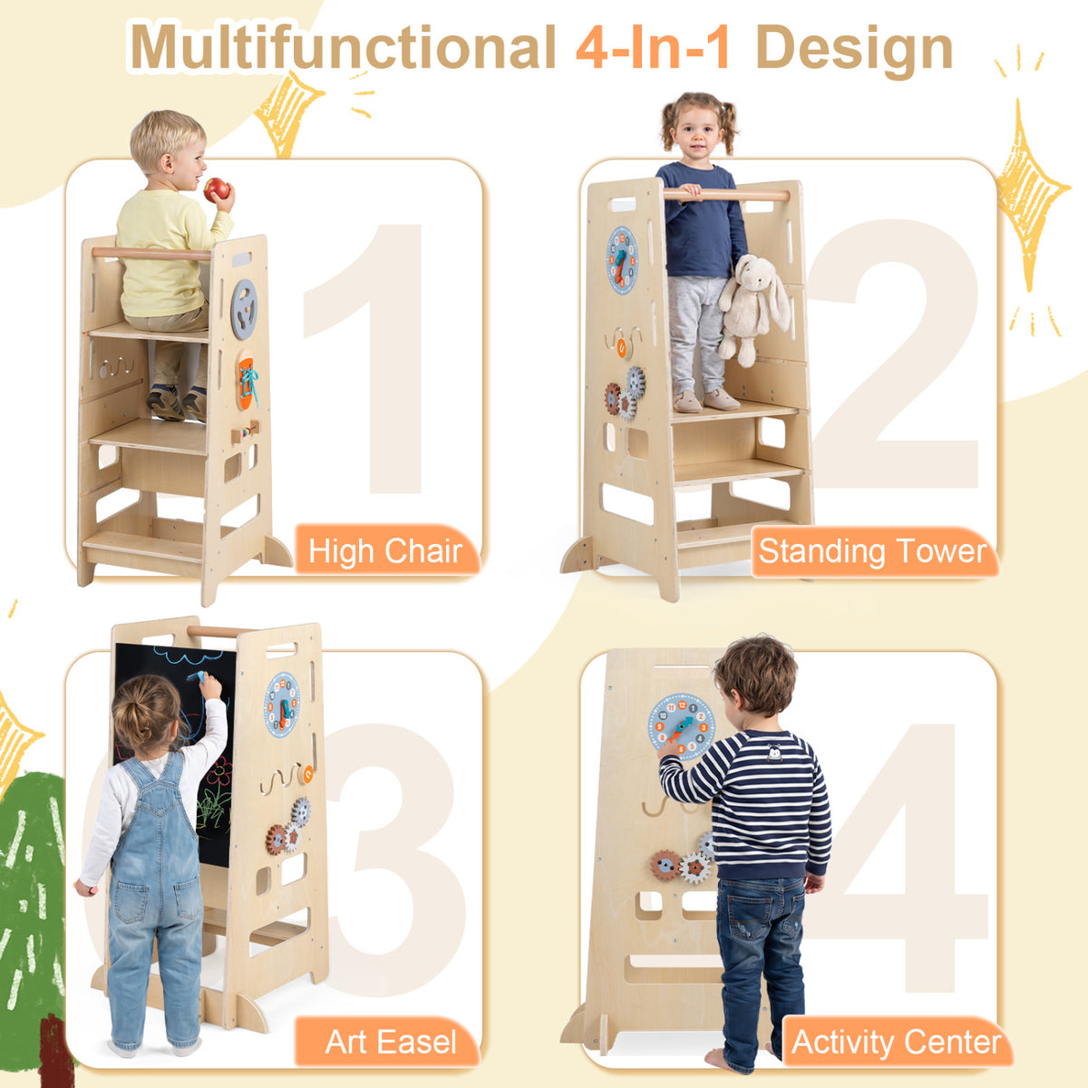 Toddler Standing Tower with Adjustable Height and Blackboard-Natural view 7