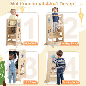 Toddler Standing Tower with Adjustable Height and Blackboard-Natural view 7