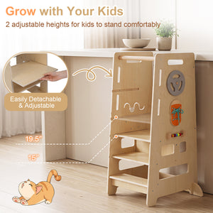 Toddler Standing Tower with Adjustable Height and Blackboard-Natural view 8