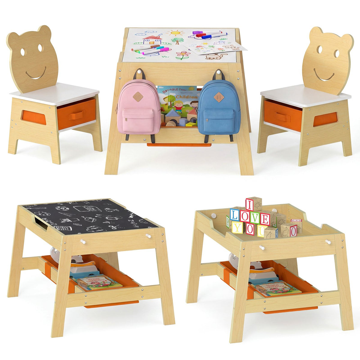 Toddler Table and 2 Chairs 5-in-1 Cute Art Desk Set with Reversible Chalkboard Whiteboard-Natural