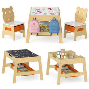 Toddler Table and 2 Chairs 5-in-1 Cute Art Desk Set with Reversible Chalkboard Whiteboard-Natural