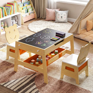 Toddler Table and 2 Chairs 5-in-1 Cute Art Desk Set with Reversible Chalkboard Whiteboard-Natural view 2