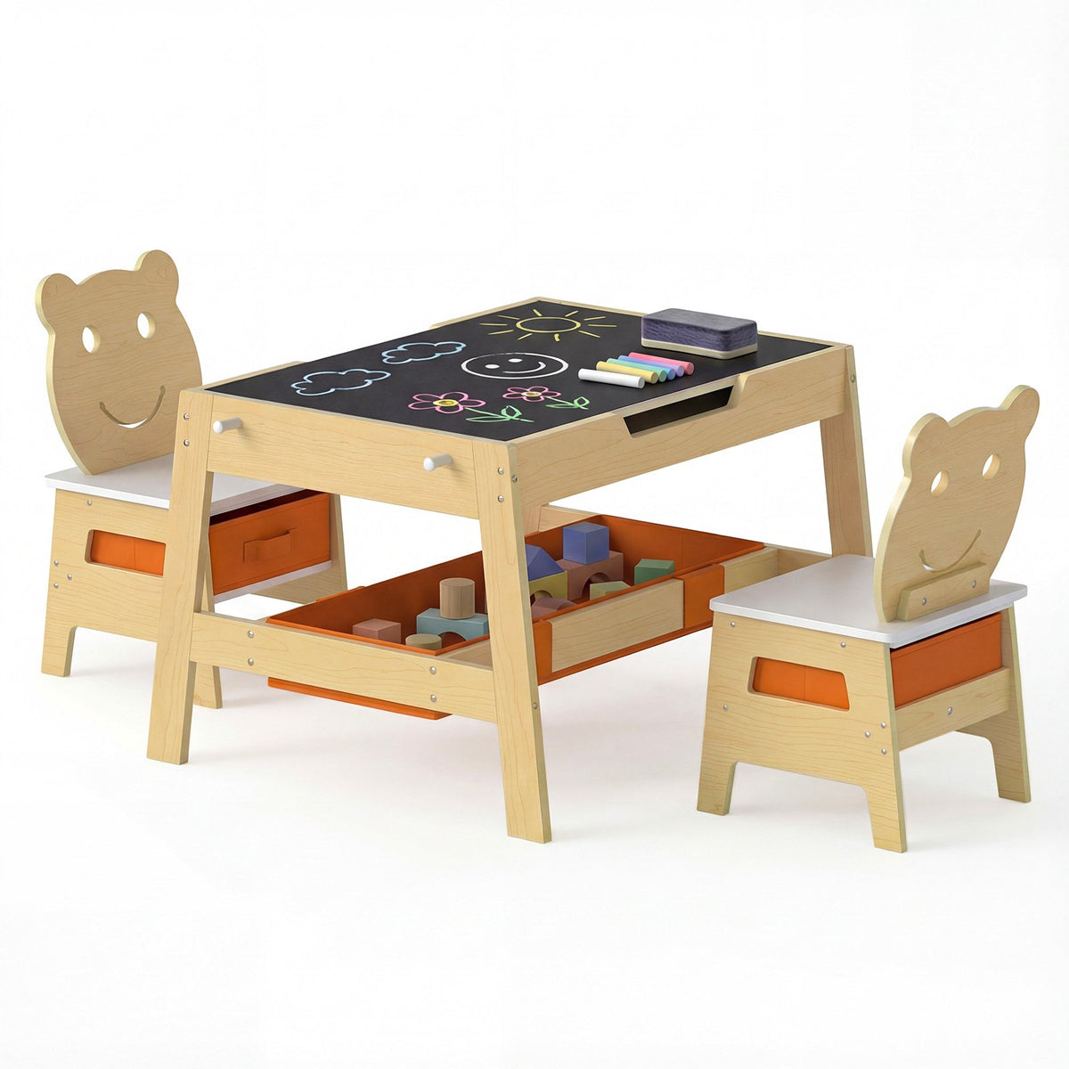 Toddler Table and 2 Chairs 5-in-1 Cute Art Desk Set with Reversible Chalkboard Whiteboard-Natural view 4
