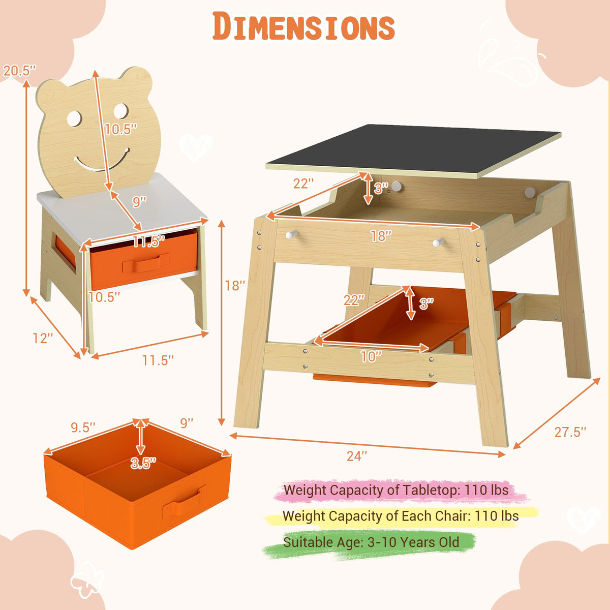 Toddler Table and 2 Chairs 5-in-1 Cute Art Desk Set with Reversible Chalkboard Whiteboard-Natural view 5