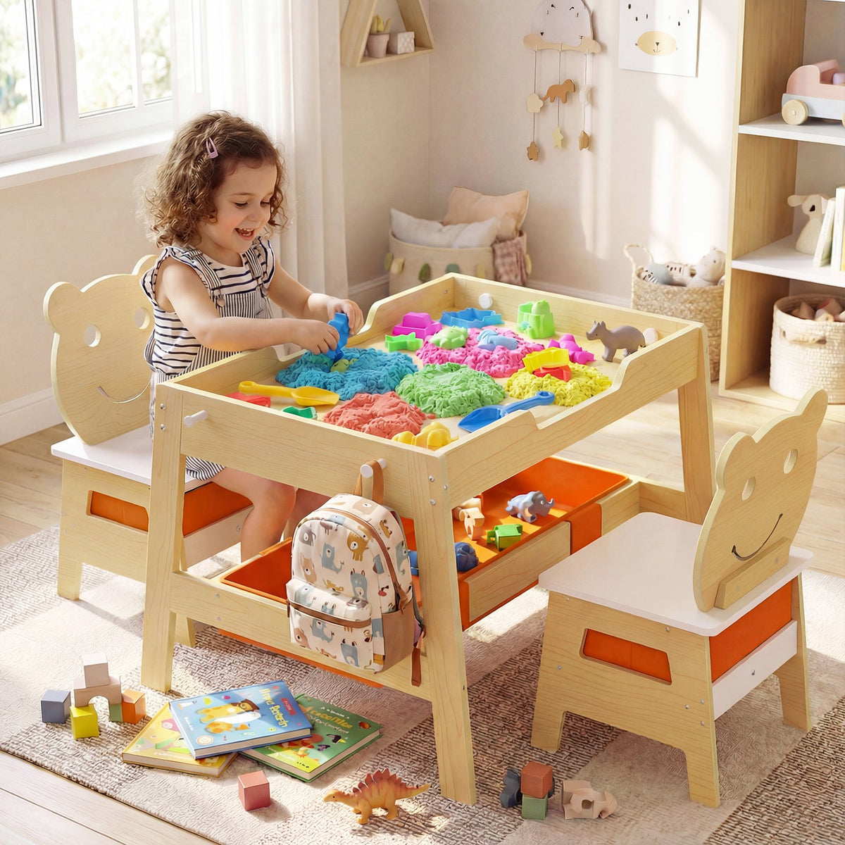 Toddler Table and 2 Chairs 5-in-1 Cute Art Desk Set with Reversible Chalkboard Whiteboard-Natural view 6