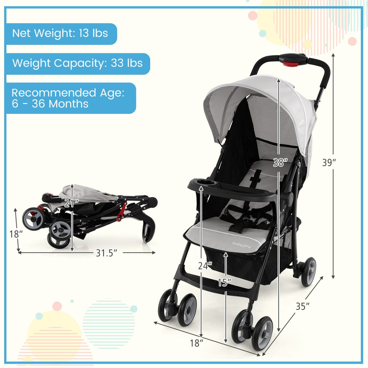 Toddler Travel Stroller for Airplane with Canopy and Adjustable Backrest-Gray view 5
