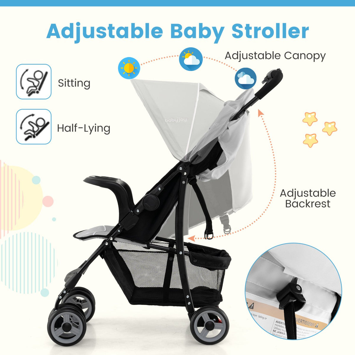 Toddler Travel Stroller for Airplane with Canopy and Adjustable Backrest-Gray view 8