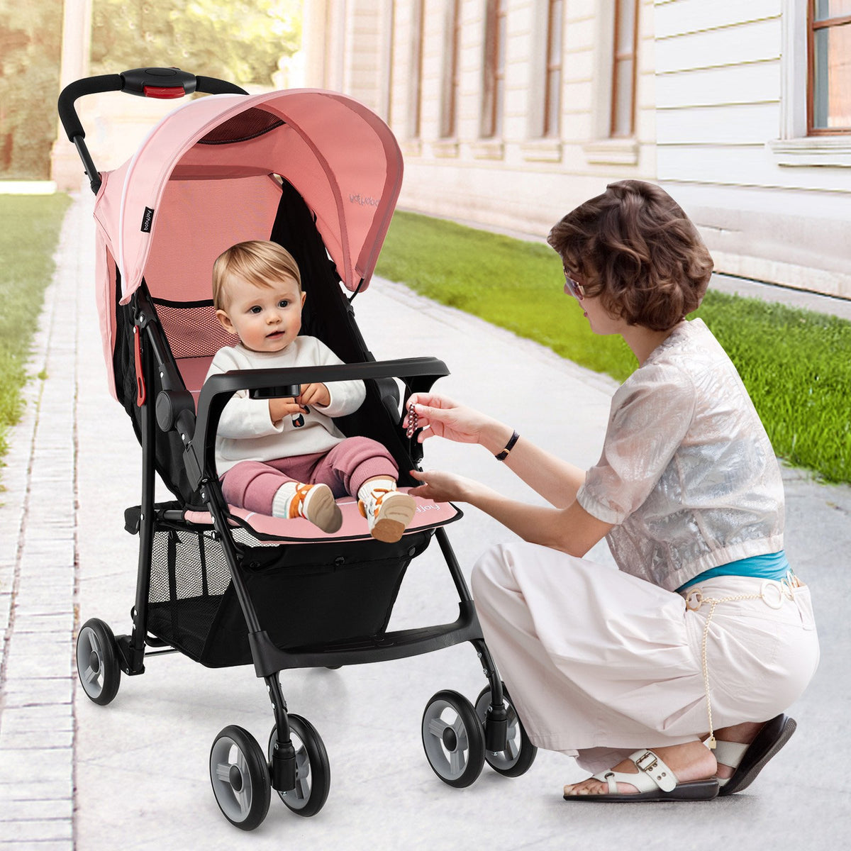 Toddler Travel Stroller for Airplane with Canopy and Adjustable Backrest-Pink view 2