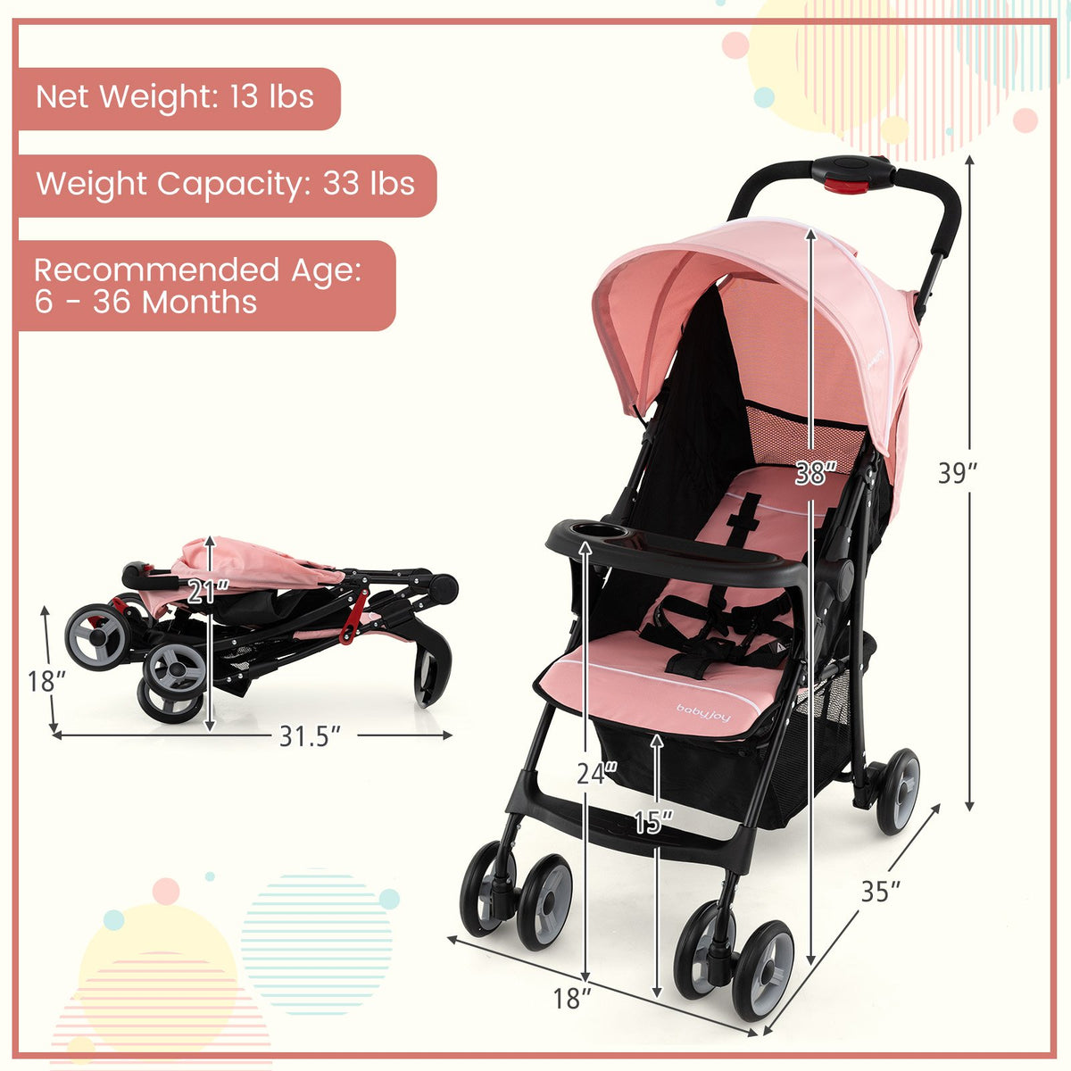 Toddler Travel Stroller for Airplane with Canopy and Adjustable Backrest-Pink view 5