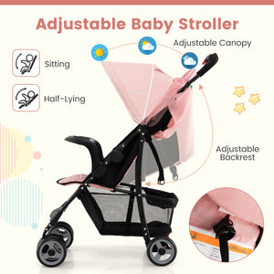 Toddler Travel Stroller for Airplane with Canopy and Adjustable Backrest-Pink view 6