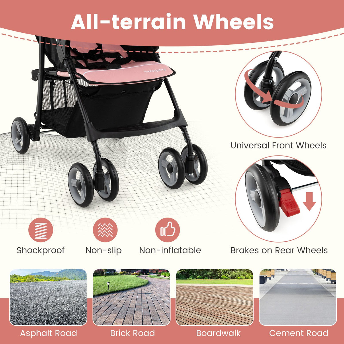 Toddler Travel Stroller for Airplane with Canopy and Adjustable Backrest-Pink view 8