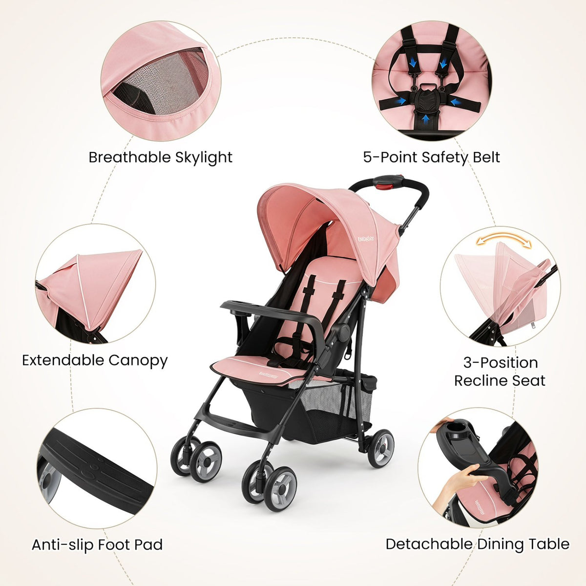 Toddler Travel Stroller for Airplane with Canopy and Adjustable Backrest-Pink view 9