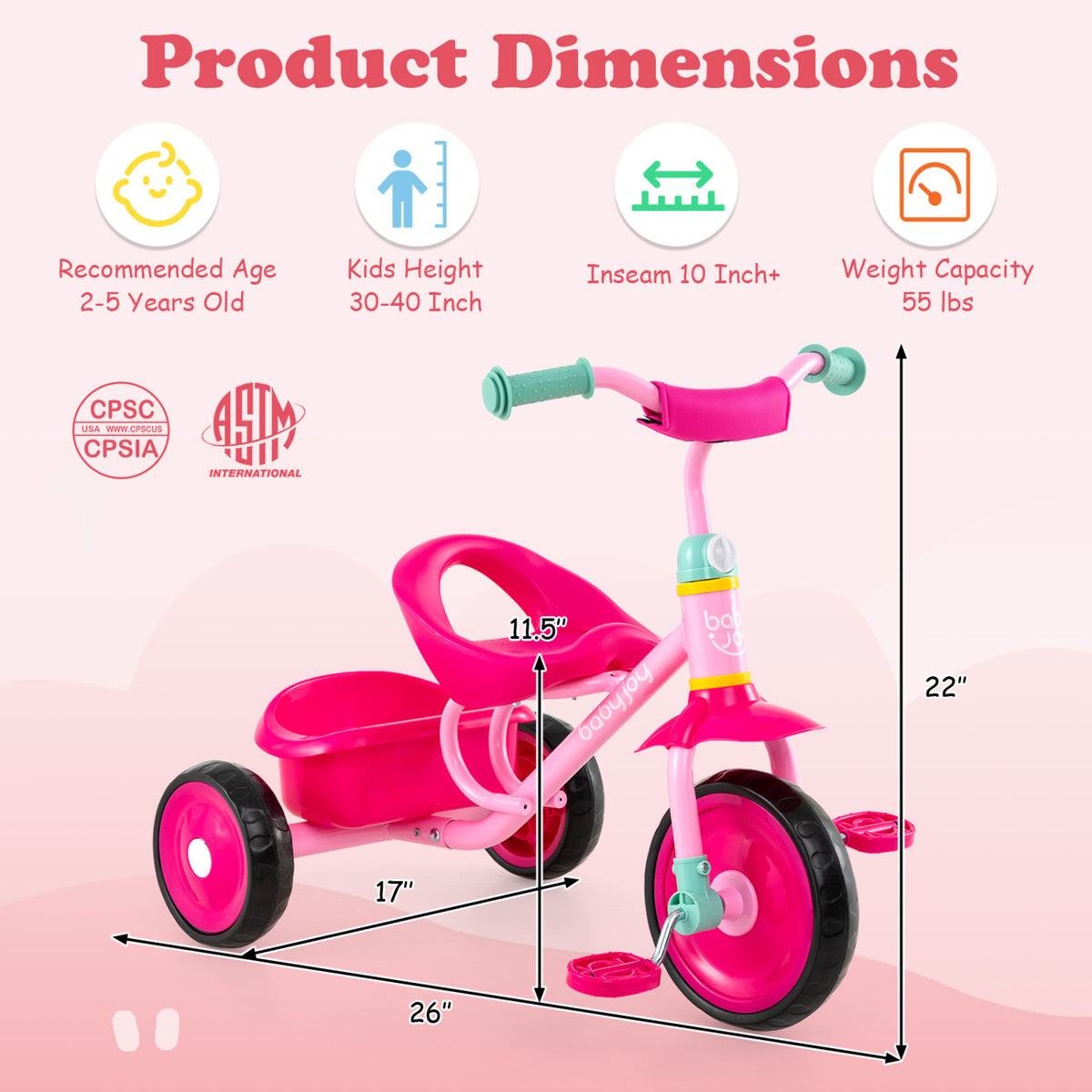 Toddler Tricycle for Boys and Girls 2-5 Years Old, with Removable Rear Storage Basket-Pink view 5