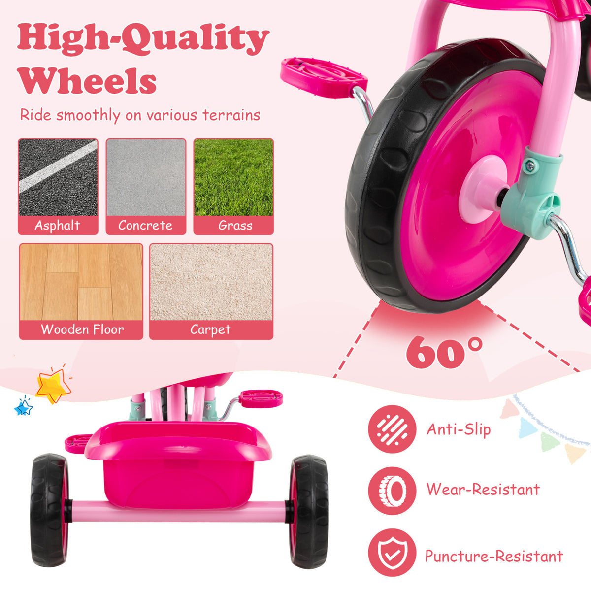 Toddler Tricycle for Boys and Girls 2-5 Years Old, with Removable Rear Storage Basket-Pink view 7