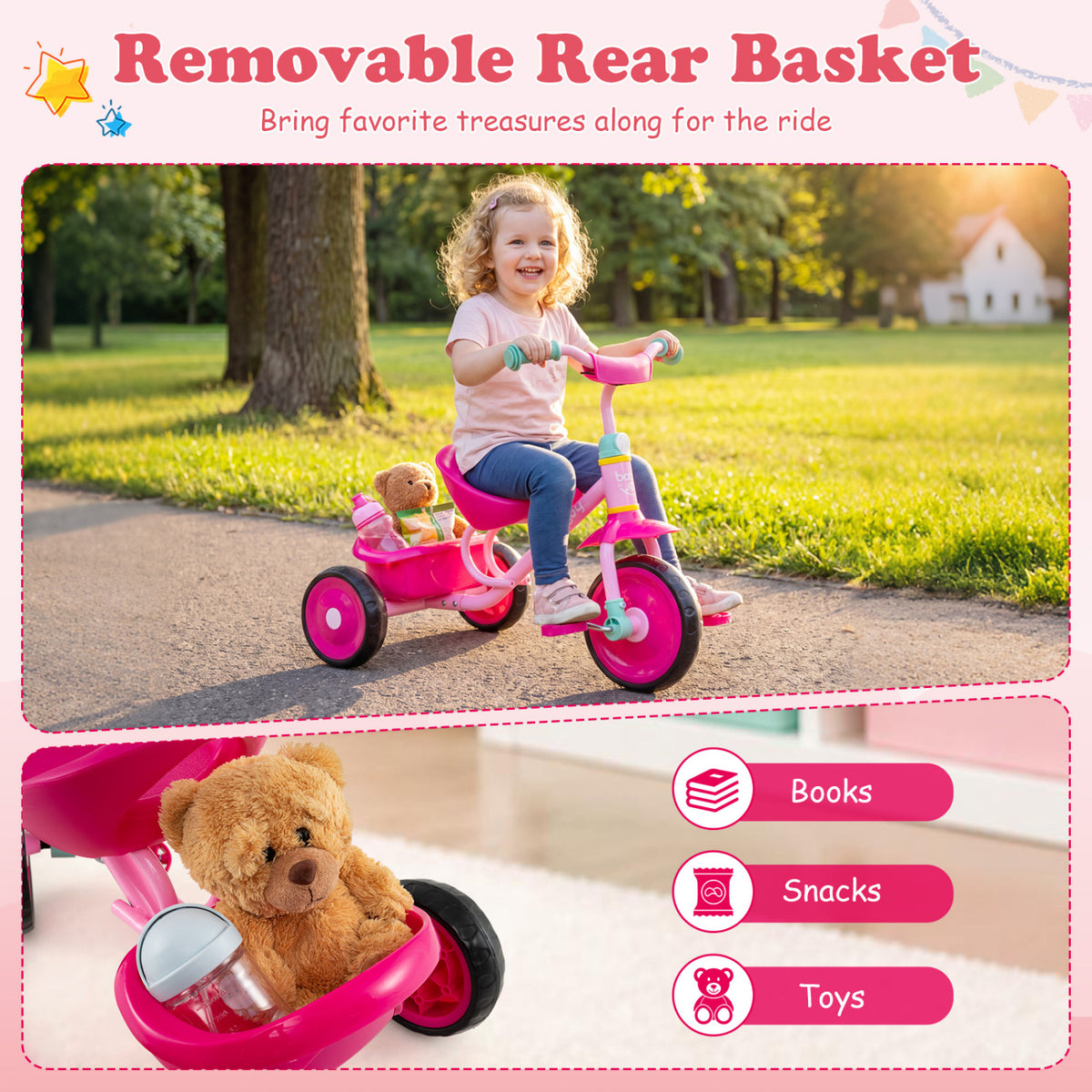 Toddler Tricycle for Boys and Girls 2-5 Years Old, with Removable Rear Storage Basket-Pink view 8