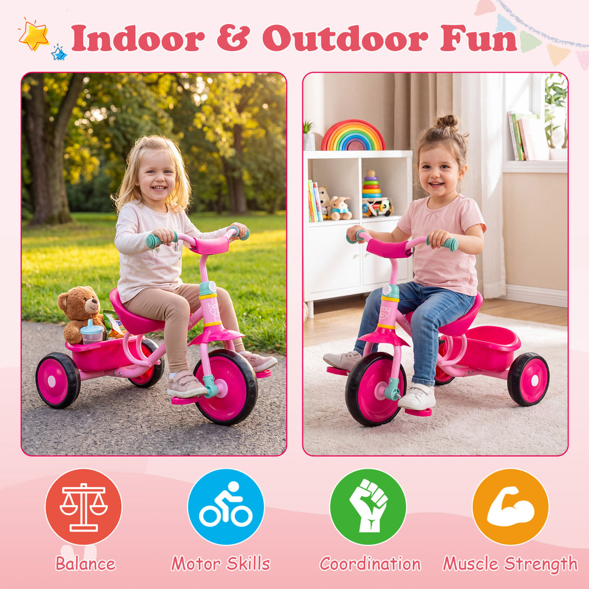 Toddler Tricycle for Boys and Girls 2-5 Years Old, with Removable Rear Storage Basket-Pink view 9