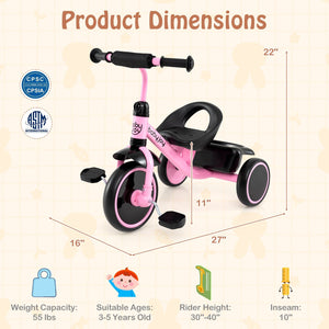 Toddler Tricycle Kids Trike with Adjustable Seat and Storage Basket Aged 3-5 Years Old-Pink view 4