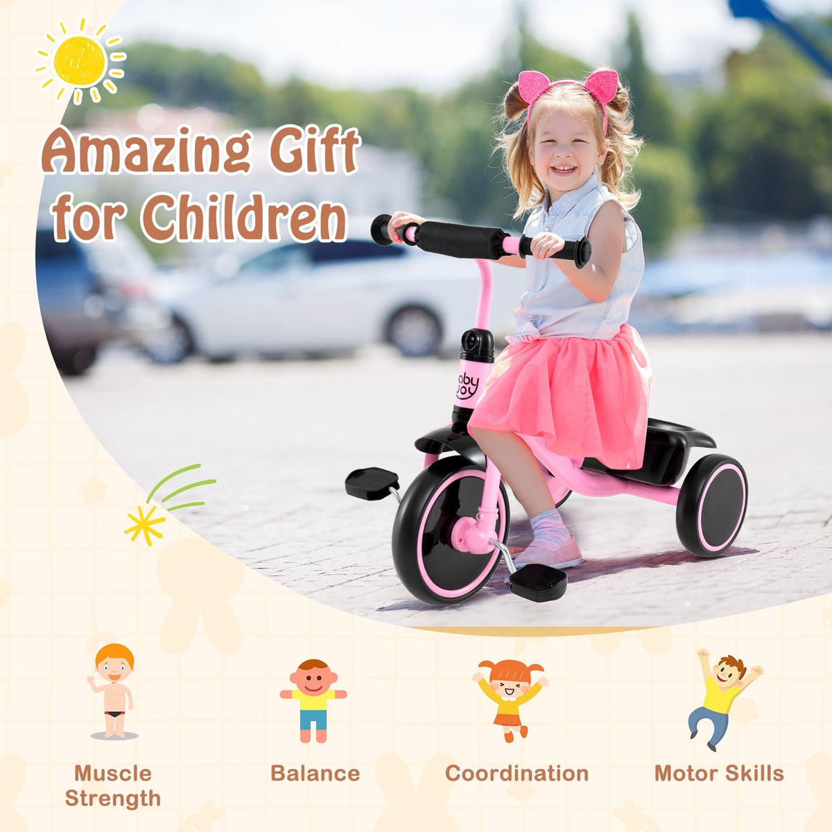 Toddler Tricycle Kids Trike with Adjustable Seat and Storage Basket Aged 3-5 Years Old-Pink view 5