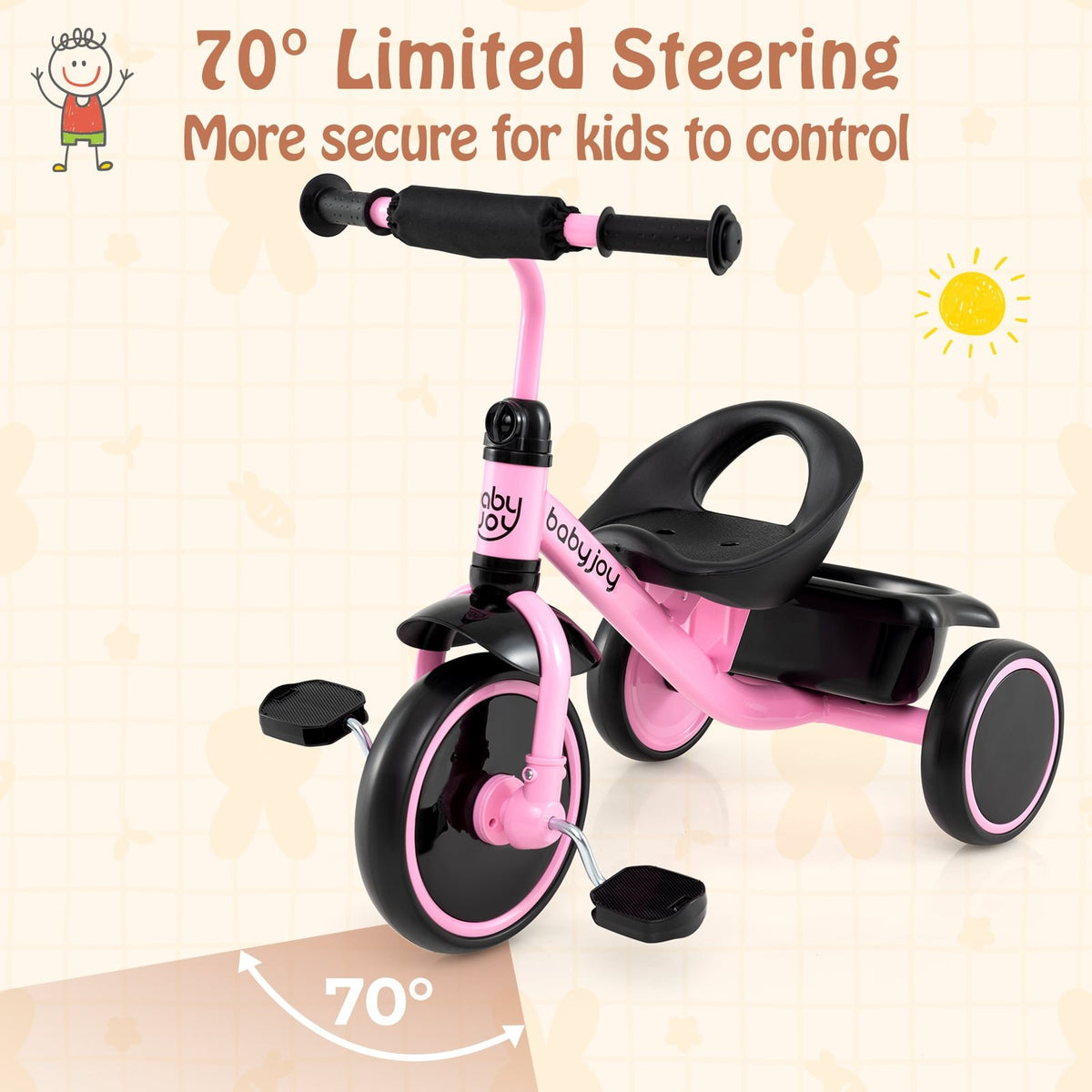 Toddler Tricycle Kids Trike with Adjustable Seat and Storage Basket Aged 3-5 Years Old-Pink view 6