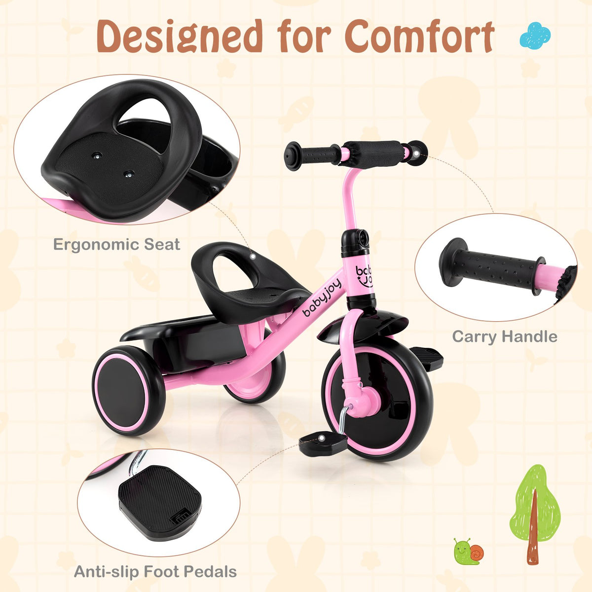 Toddler Tricycle Kids Trike with Adjustable Seat and Storage Basket Aged 3-5 Years Old-Pink view 9