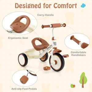 Toddler Tricycle Kids Trike with Adjustable Seat and Basket Aged 3-5 Years Old-Beige view 5