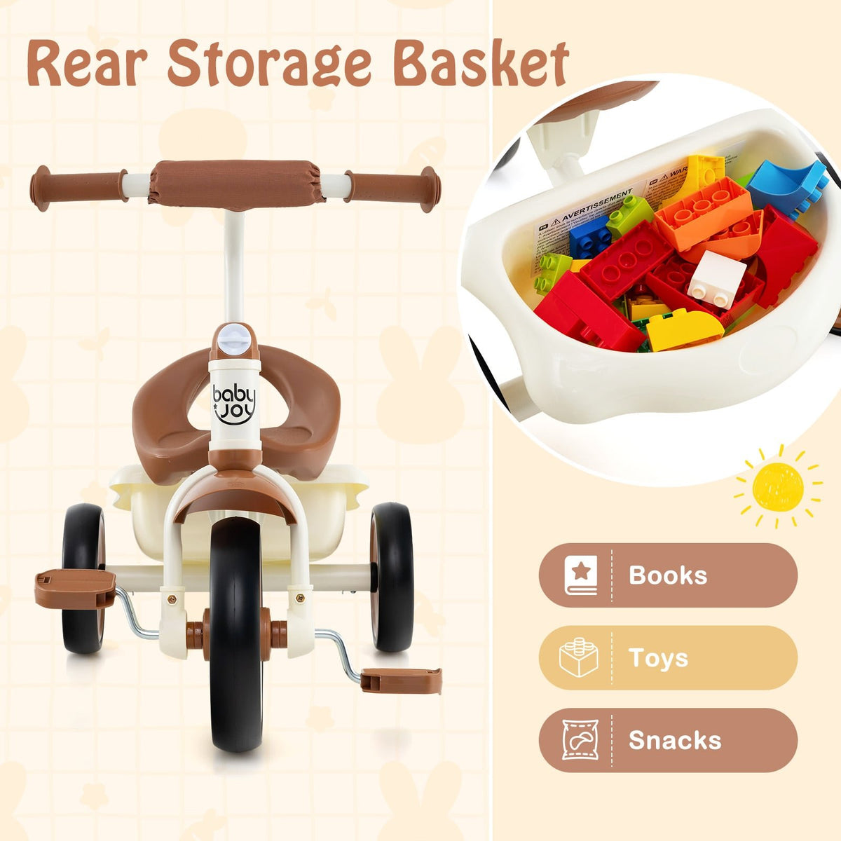 Toddler Tricycle Kids Trike with Adjustable Seat and Basket Aged 3-5 Years Old-Beige view 8