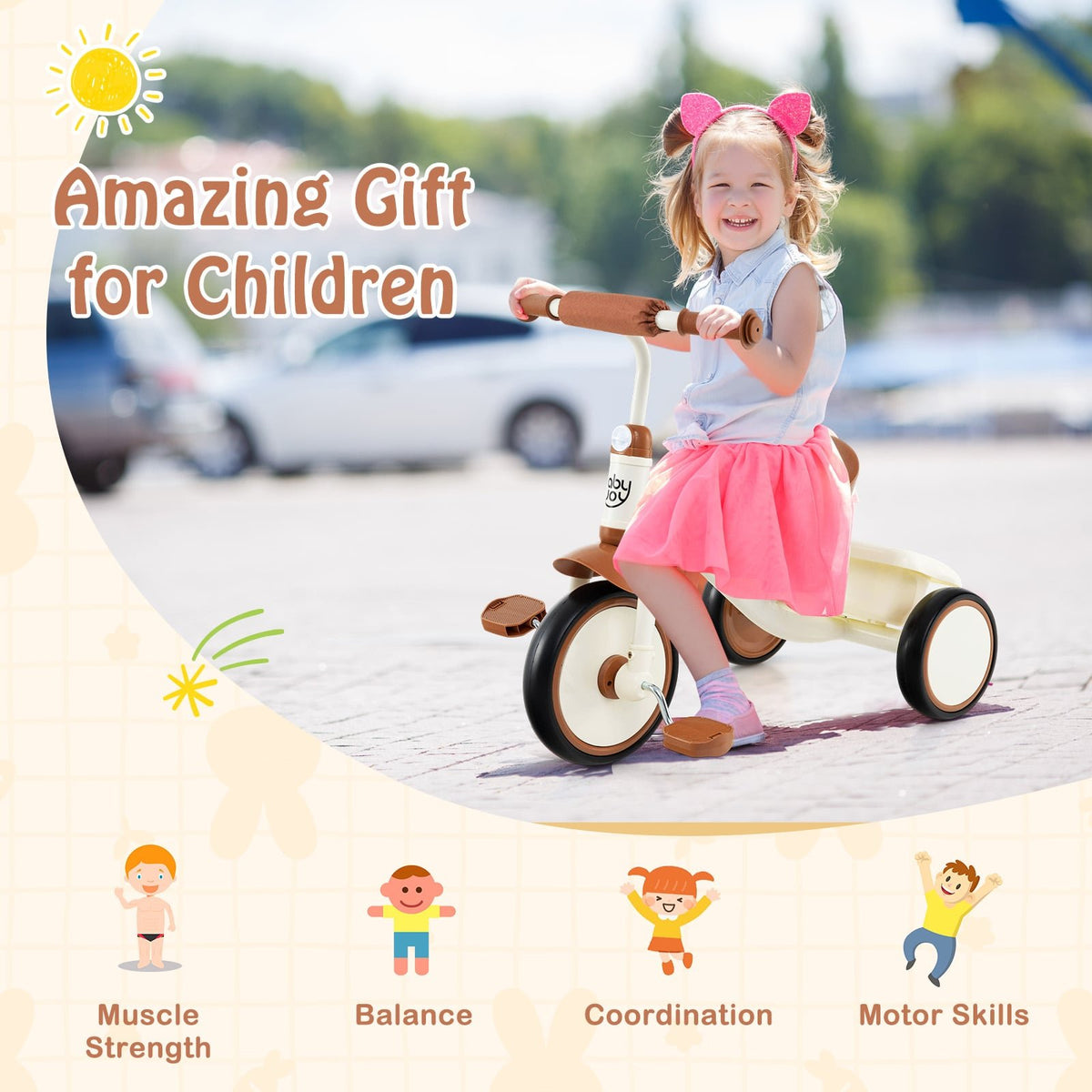 Toddler Tricycle Kids Trike with Adjustable Seat and Basket Aged 3-5 Years Old-Beige view 9