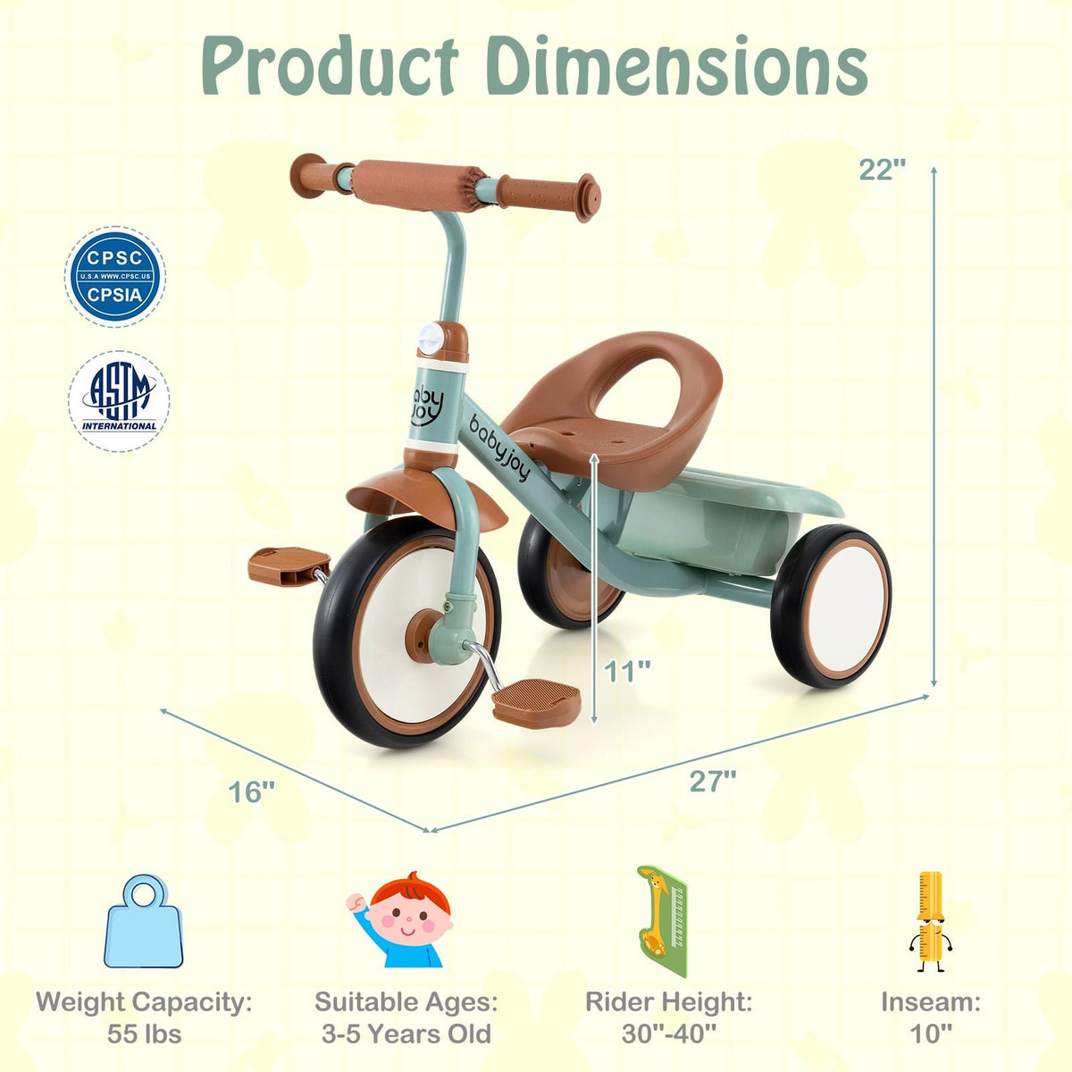 Toddler Tricycle Kids Trike with Adjustable Seat and Basket Aged 3-5 Years Old-Green view 4