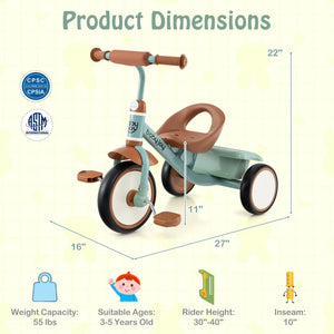 Toddler Tricycle Kids Trike with Adjustable Seat and Basket Aged 3-5 Years Old-Green view 4