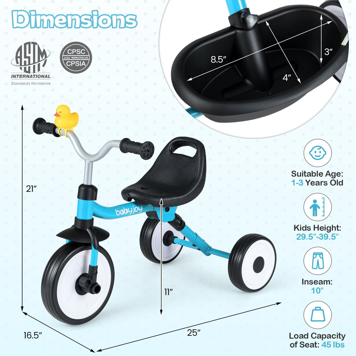 Toddler Tricycle with 3-Position Seat and Storage Basket for Kids-Blue view 4