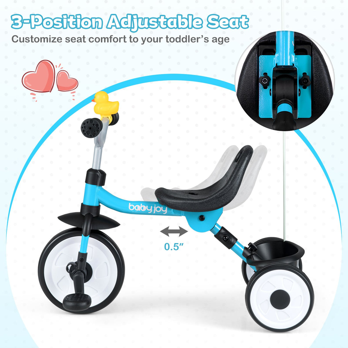 Toddler Tricycle with 3-Position Seat and Storage Basket for Kids-Blue view 5