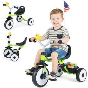 Toddler Tricycle with 3-Position Seat and Storage Basket for Kids-Green