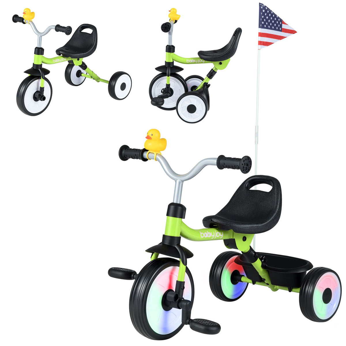 Toddler Tricycle with 3-Position Seat and Storage Basket for Kids-Green view 3