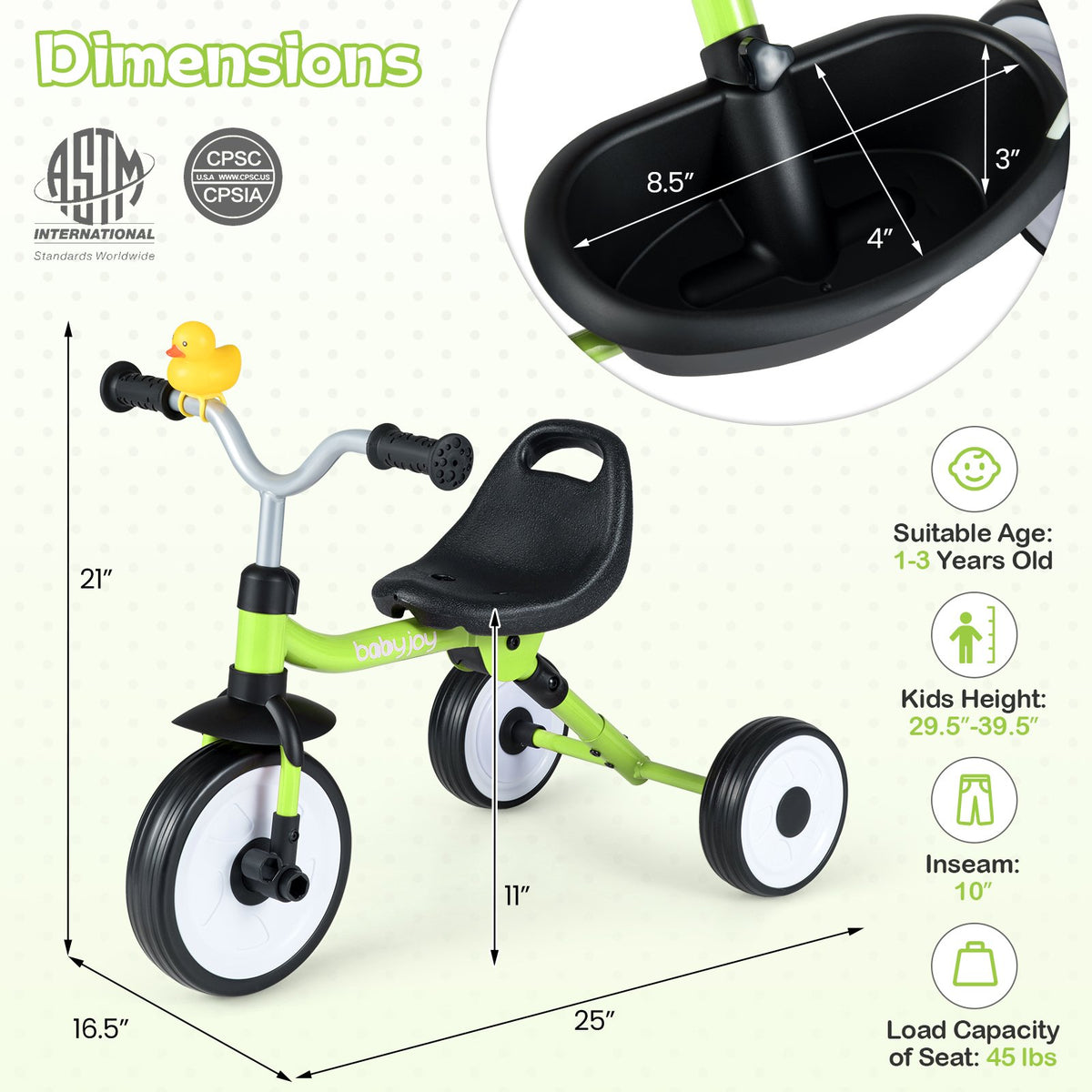 Toddler Tricycle with 3-Position Seat and Storage Basket for Kids-Green view 4